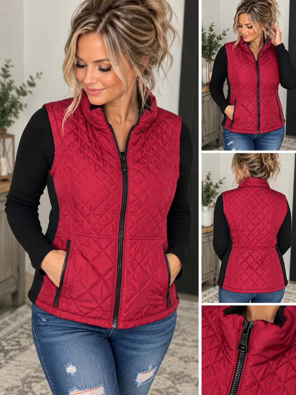 Andrew Marc Quilted Vest Red Full Zip Womens M